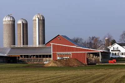 Dairy farm with red bar, silos, and white house | Farm Insurance
